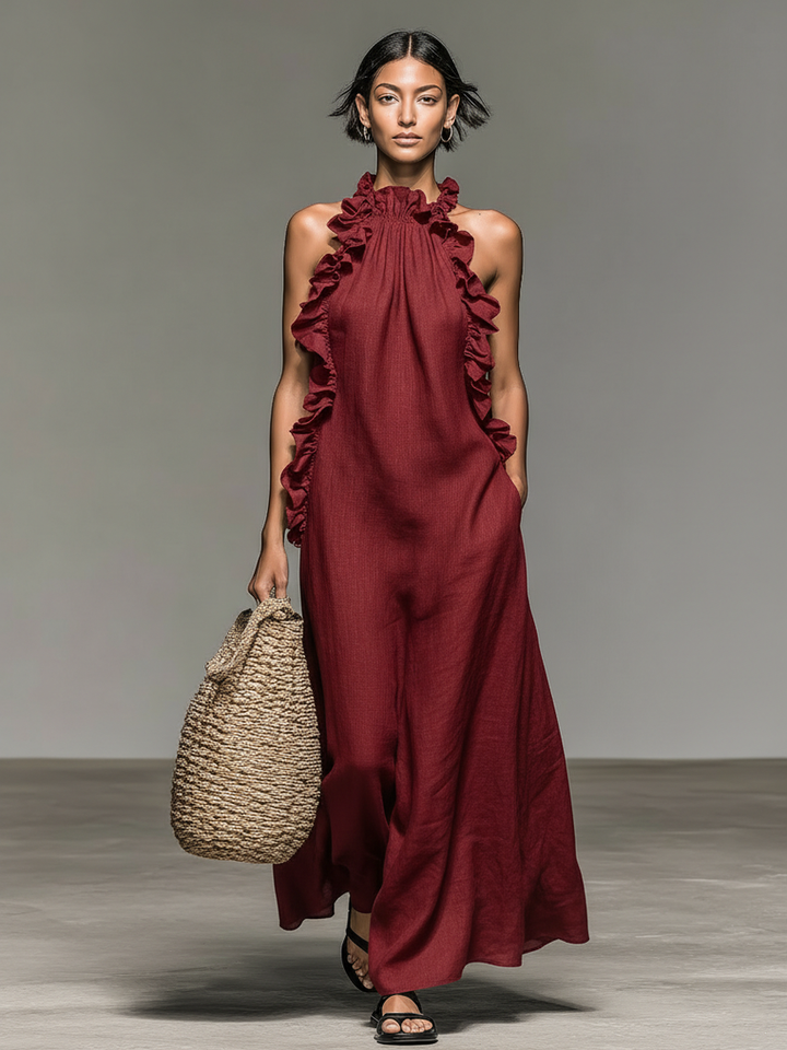 Fiora - Vestido Longo SEM Mangas, Com Babados, Decote Halter E Bolsos