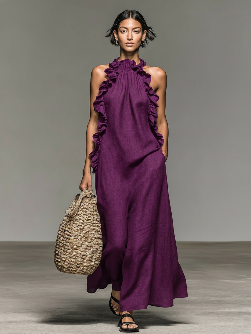 Fiora - Vestido Longo SEM Mangas, Com Babados, Decote Halter E Bolsos