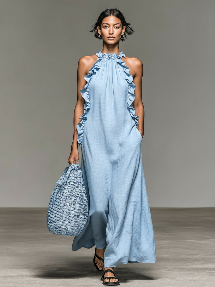 Fiora - Vestido Longo SEM Mangas, Com Babados, Decote Halter E Bolsos