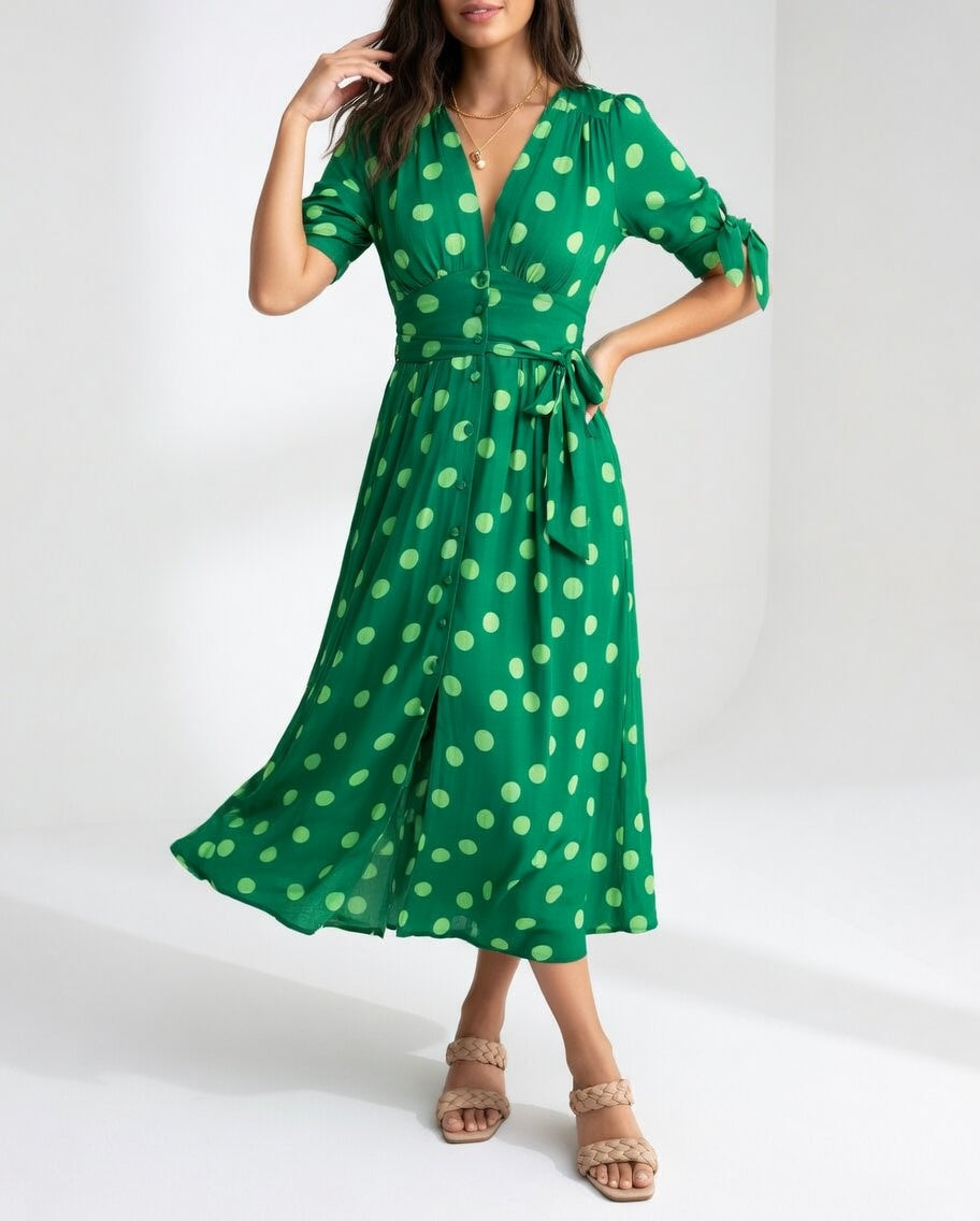 Fabienne - Vestido Midi Elegante Com Padrão De Bolinhas