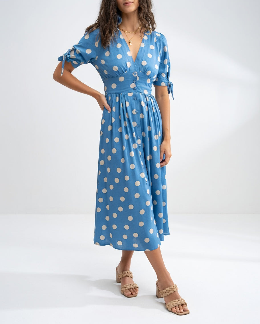 Fabienne - Vestido Midi Elegante Com Padrão De Bolinhas