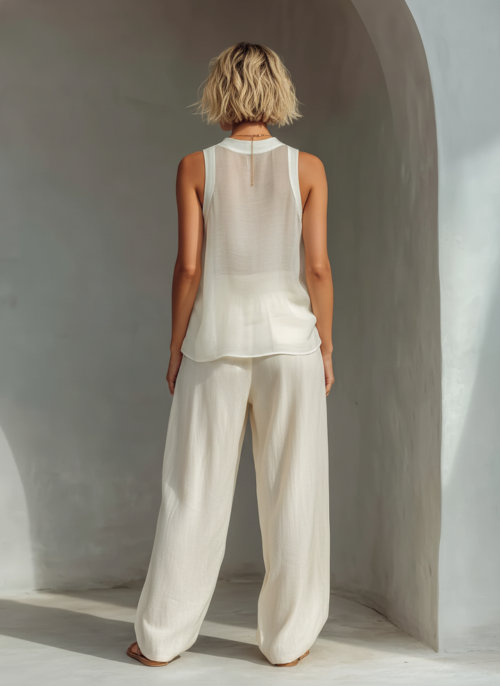 Olivian - Conjunto de top sem Mangas em Chiffon e Calças Largas