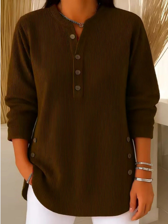 Eshani - Top Henley Casual Com Mangas Compridas Nervuras e Botões