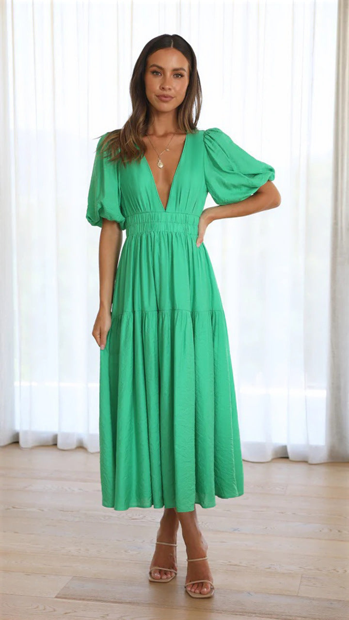 Delphine - Vestido Midi Elegante Com Decote Em V E Mangas Com Folhos