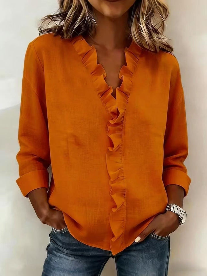 Pabasari - Blusa Elegante Com Decote em V e Babados Delicados