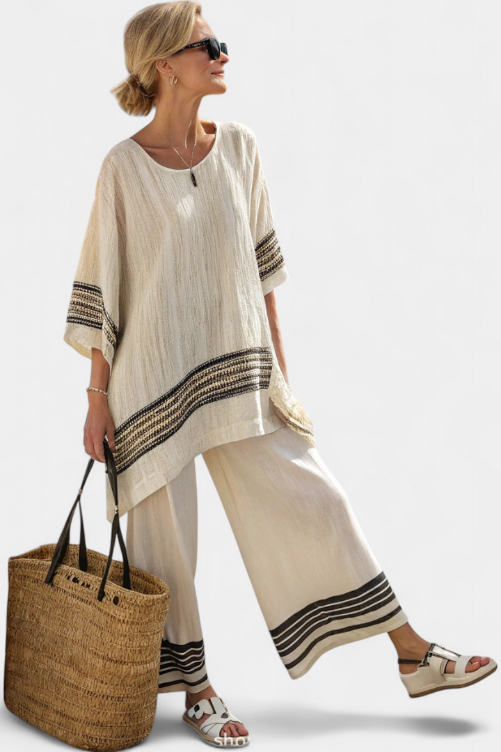 Anila - Conjunto Elegante de Duas Peças em Linho com Design às Riscas