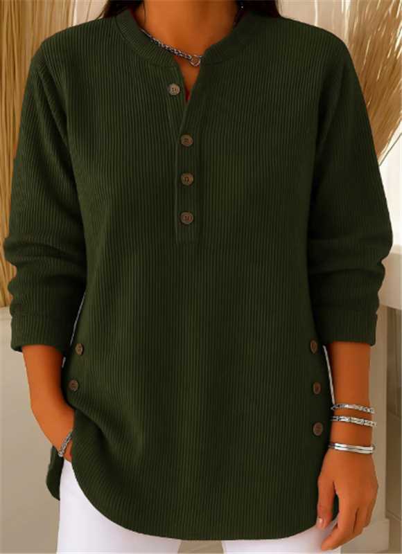 Eshani - Top Henley Casual Com Mangas Compridas Nervuras e Botões