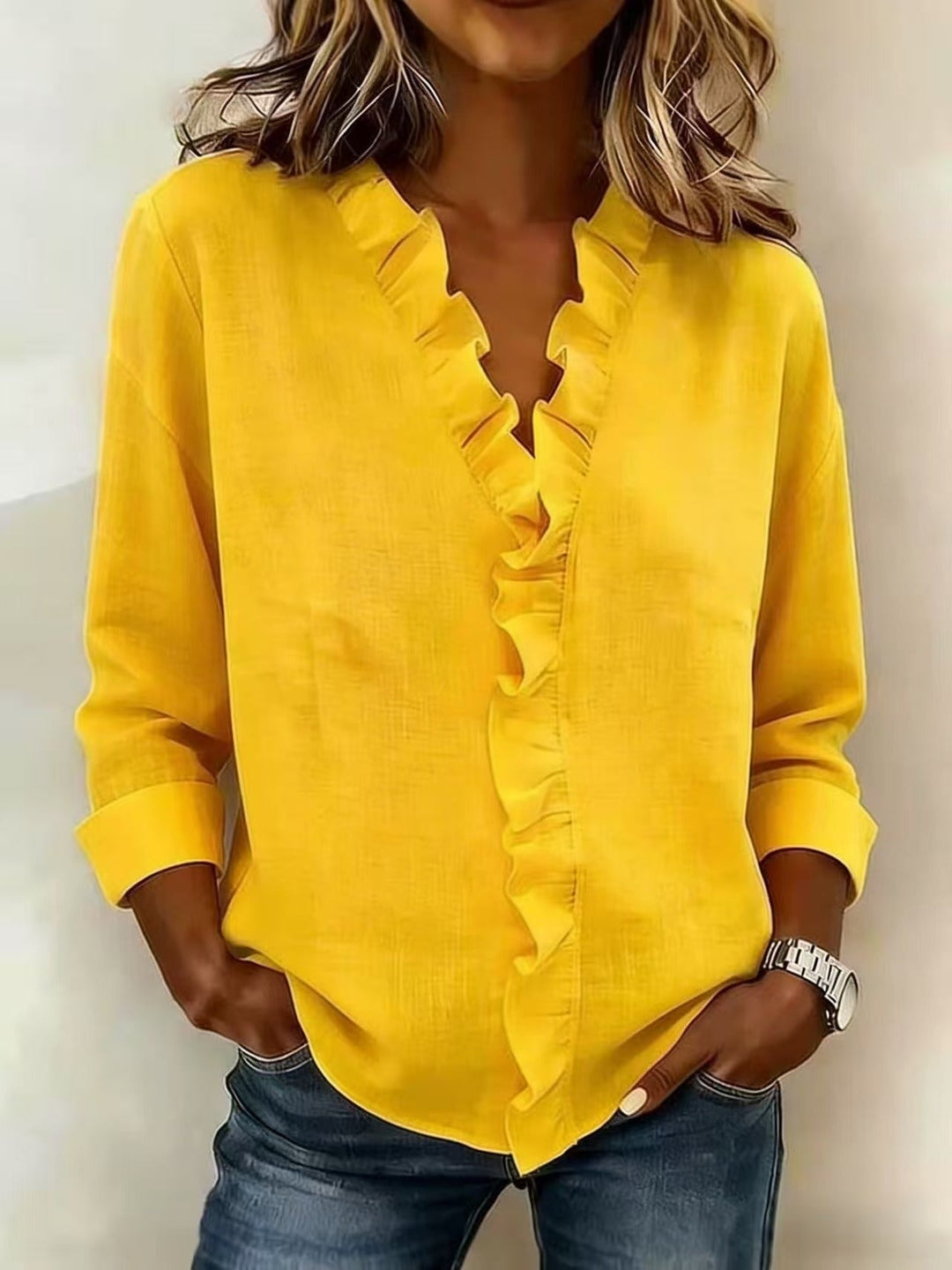 Pabasari - Blusa Elegante Com Decote em V e Babados Delicados