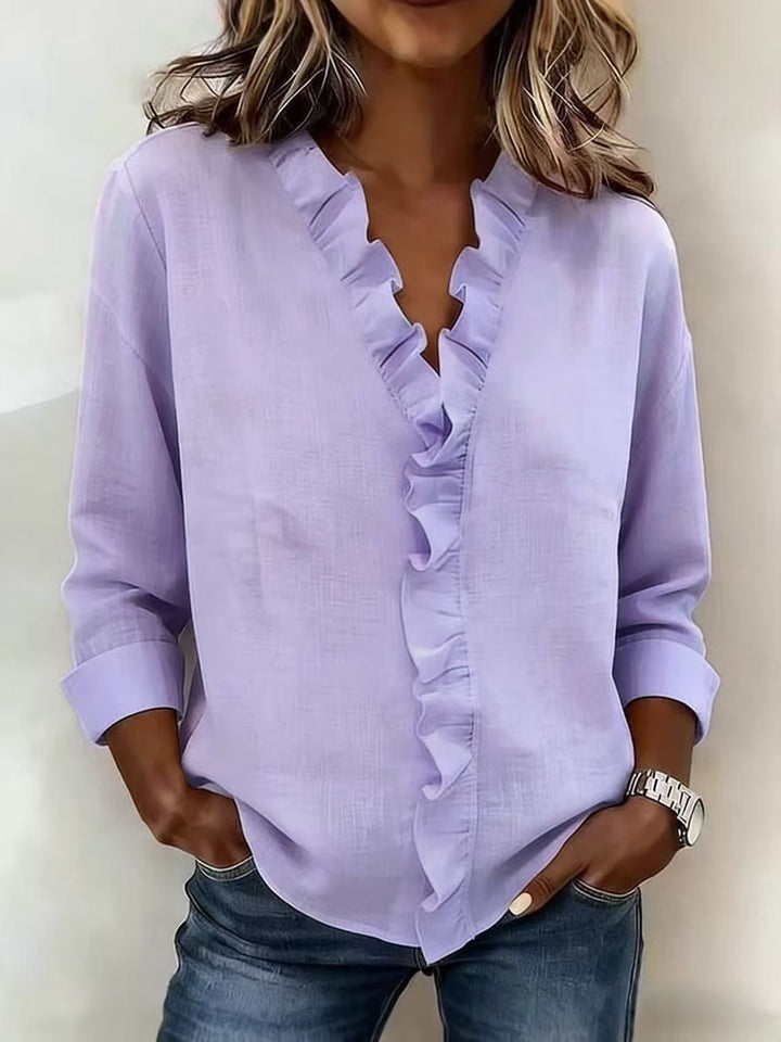 Pabasari - Blusa Elegante Com Decote em V e Babados Delicados