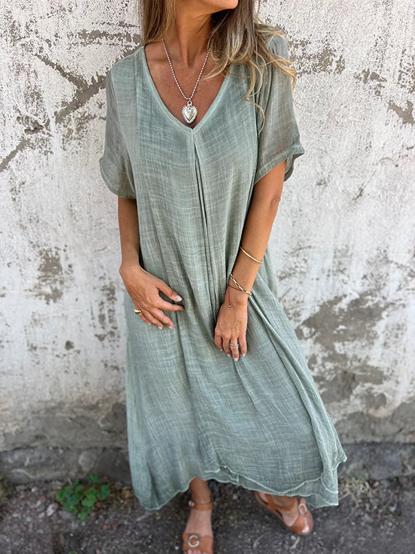 Naduni - Vestido Elegante em Algodão e linho Com Decote em V