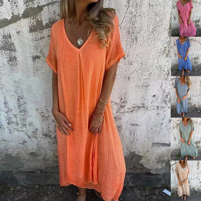 Naduni - Vestido Elegante em Algodão e linho Com Decote em V