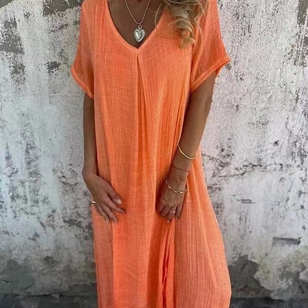 Naduni - Vestido Elegante em Algodão e linho Com Decote em V