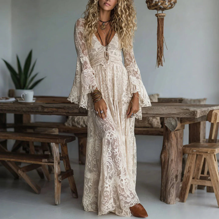 Chariya - Vestido Maxi Boémio Com Mangas Em Forma De Sino Em Renda Floral