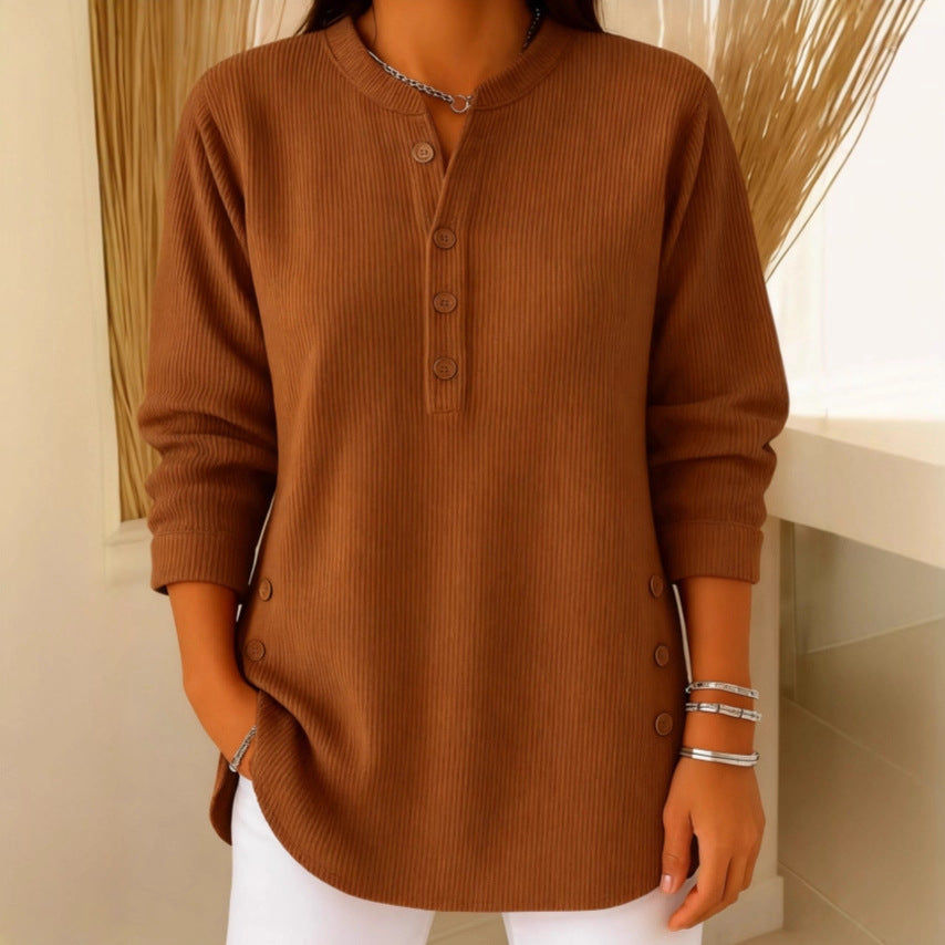 Eshani - Top Henley Casual Com Mangas Compridas Nervuras e Botões