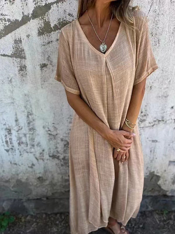 Naduni - Vestido Elegante em Algodão e linho Com Decote em V