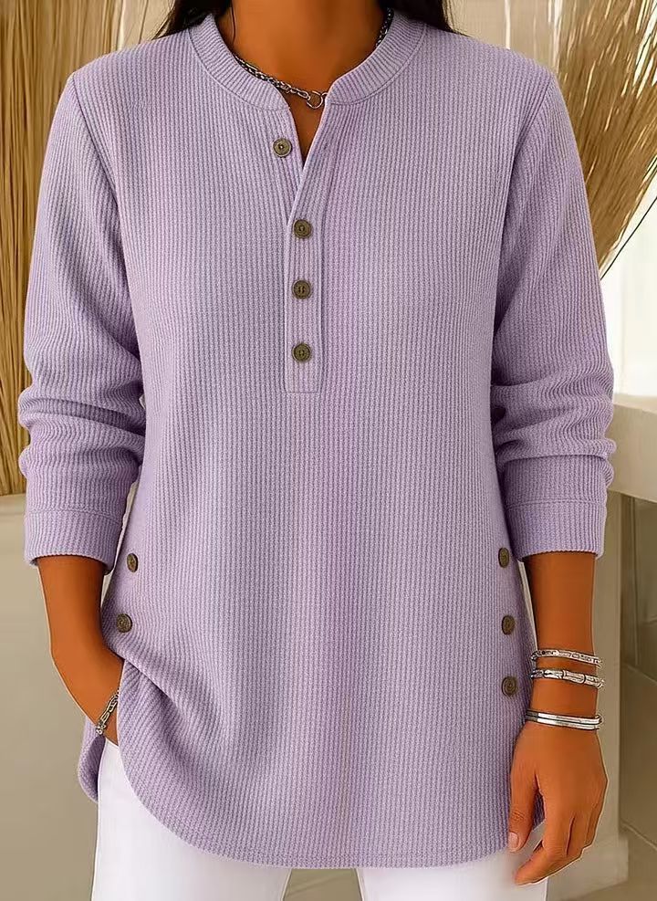 Eshani - Top Henley Casual Com Mangas Compridas Nervuras e Botões
