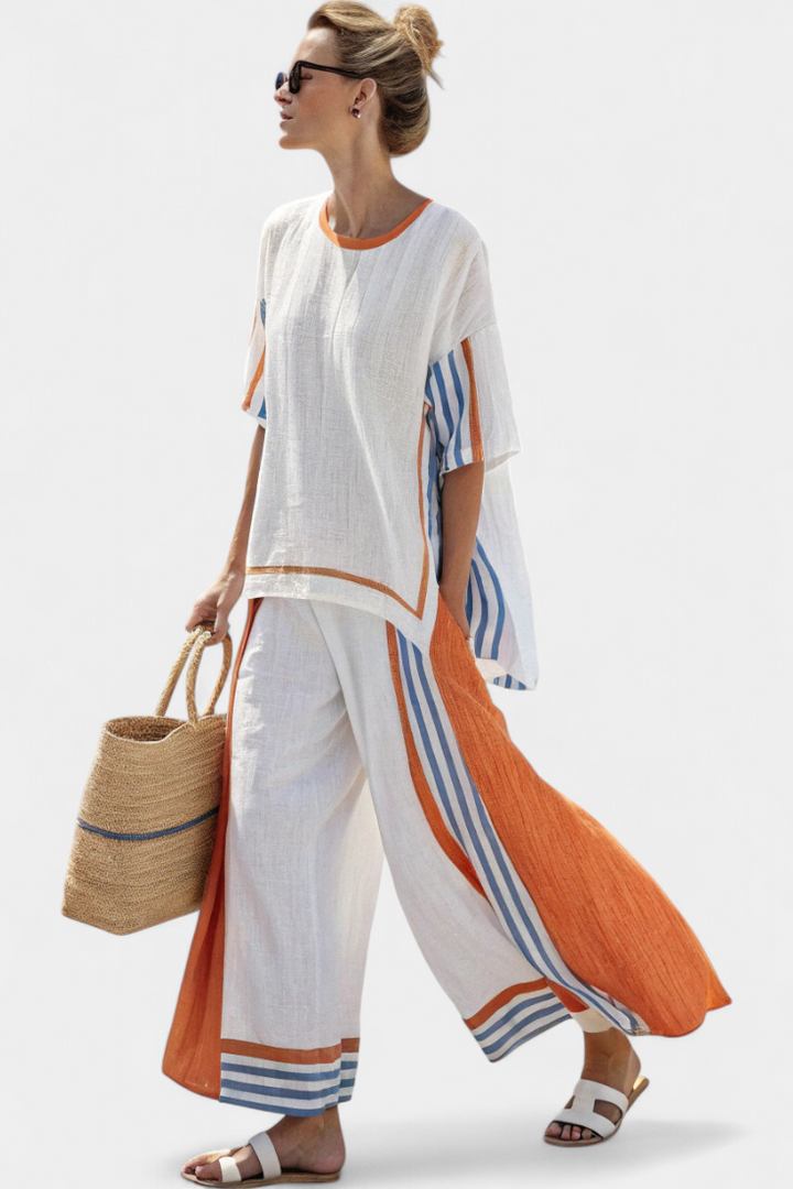 Anila - Conjunto Elegante de Duas Peças em Linho com Design às Riscas