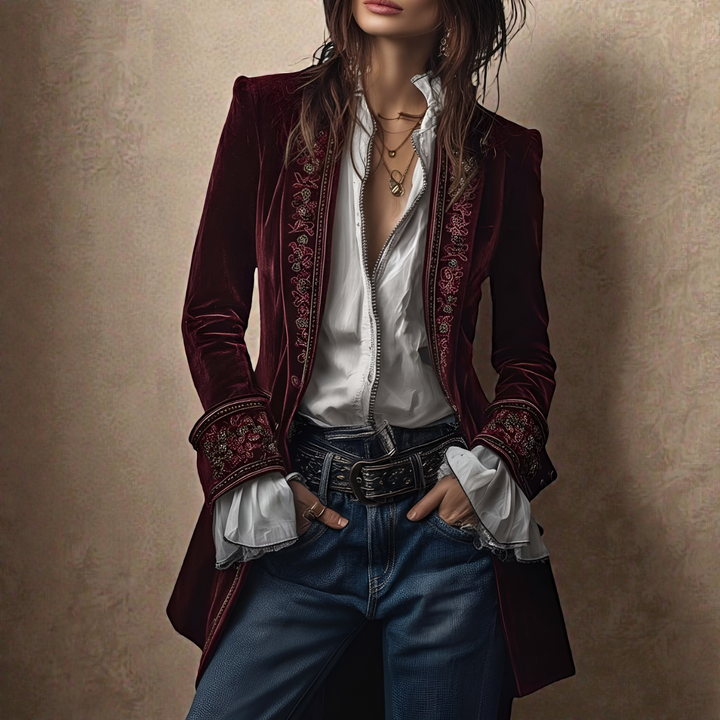 Naeva - Casaco de Veludo de Manga Comprida Elegância Suave