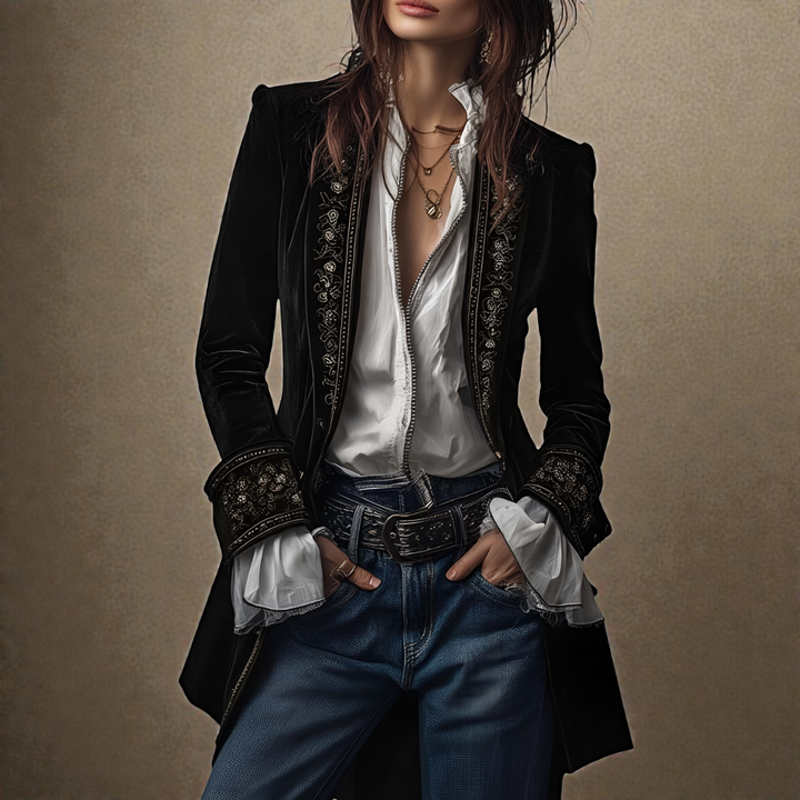Naeva - Casaco de Veludo de Manga Comprida Elegância Suave