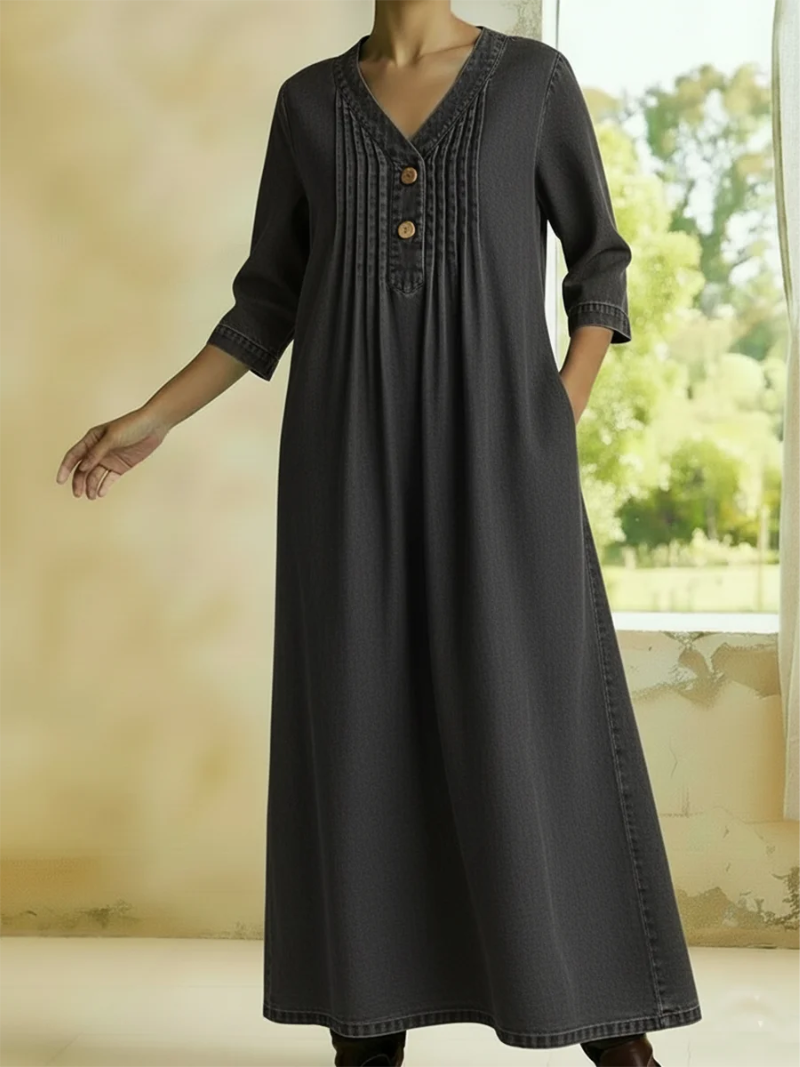 Danjela - Vestido De Ganga Com Decote Em V e Botões