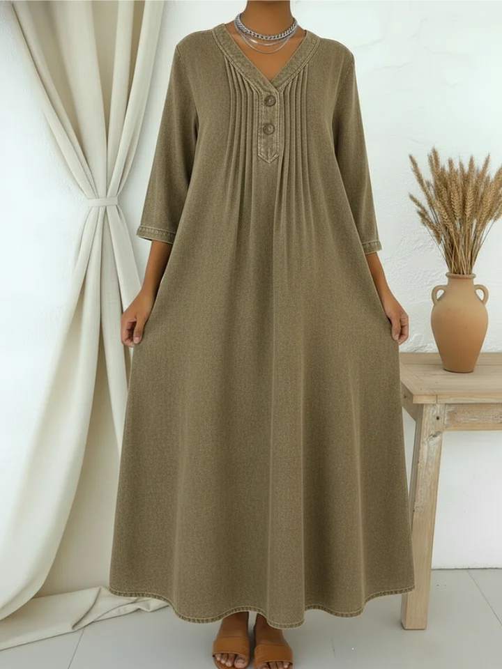 Danjela - Vestido De Ganga Com Decote Em V e Botões
