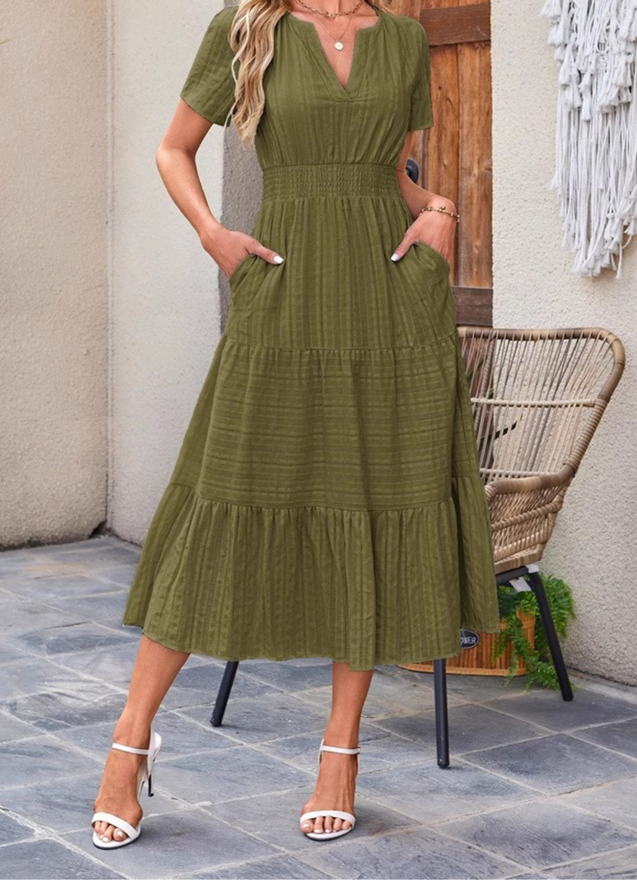 Jikina - Vestido Midi Com Decote Em V Em Camadas e Bolsos