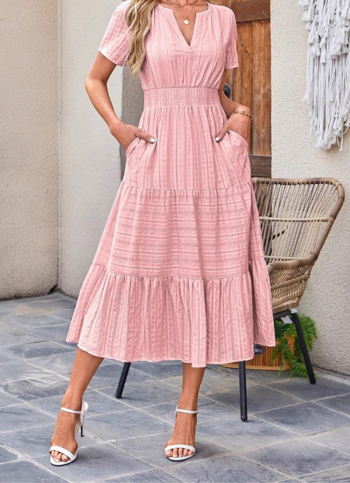 Jikina - Vestido Midi Com Decote Em V Em Camadas e Bolsos