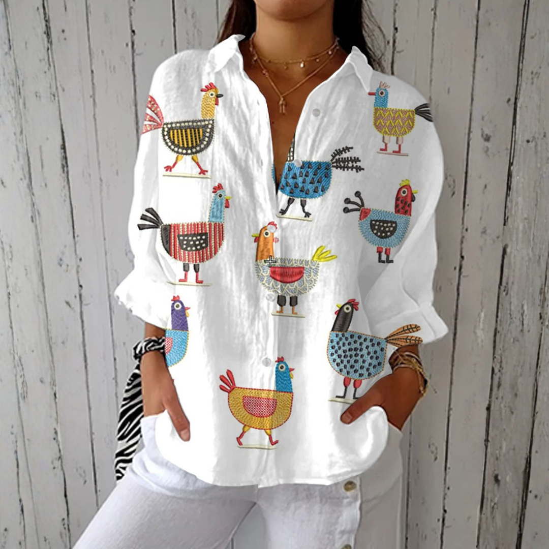 Lynda - Blusa leve com Estampado de Galinhas