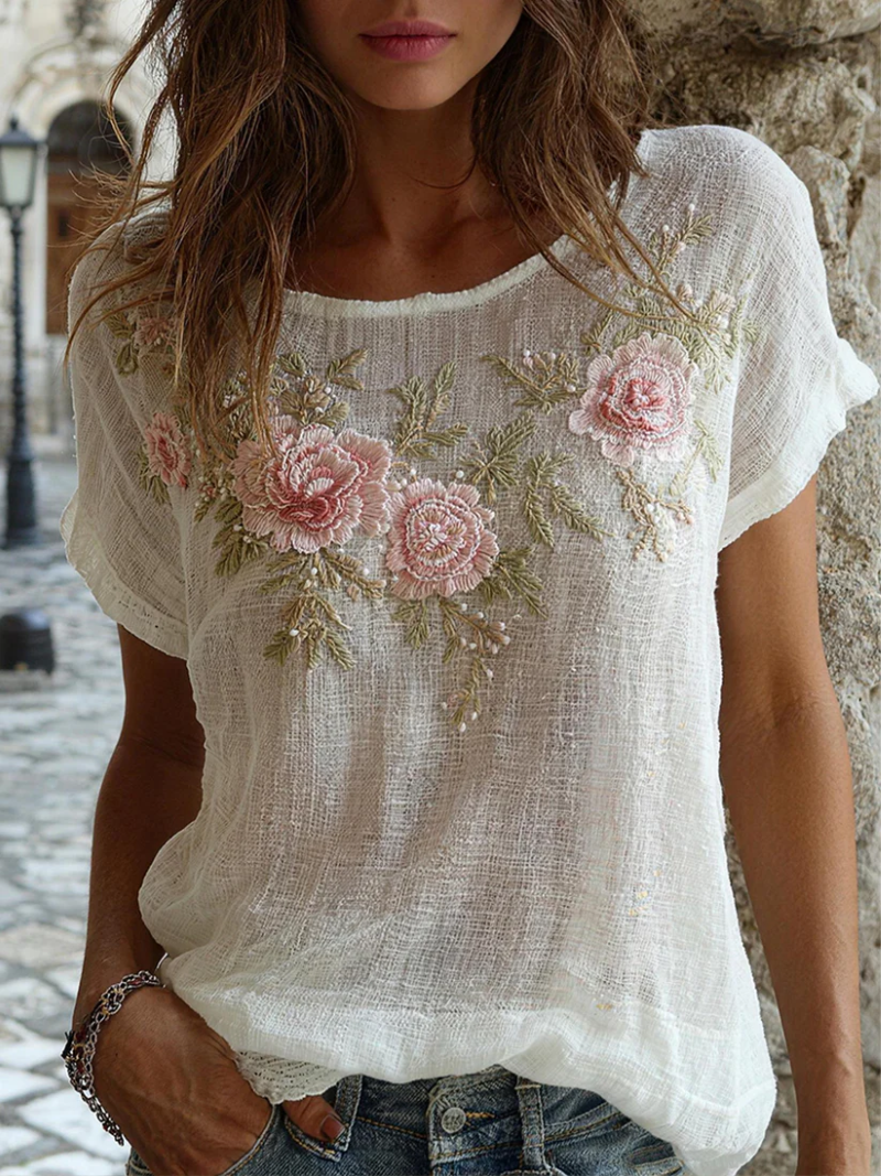 Nalena - Blusa Respirável Com Bordados Florais