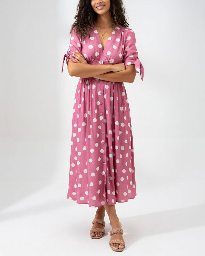 Fabienne - Vestido Midi Elegante Com Padrão De Bolinhas