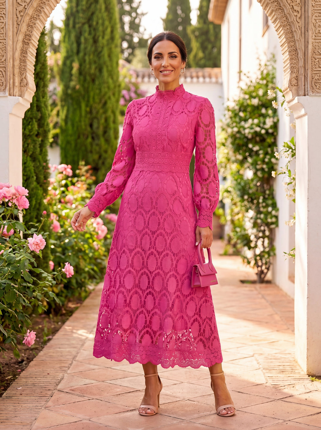 Maelle - Vestido Elegante De Manga Comprida Em Renda