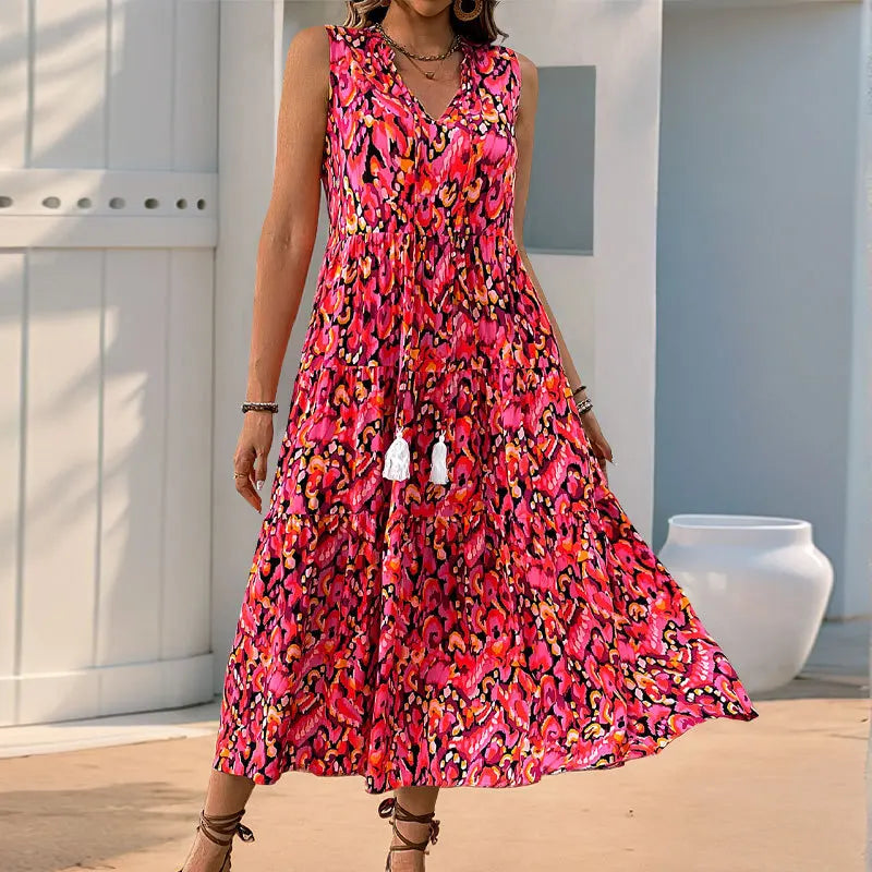 Minhee - Vestido Maxi Em Camadas Sem Mangas Com Estampado Abstrato