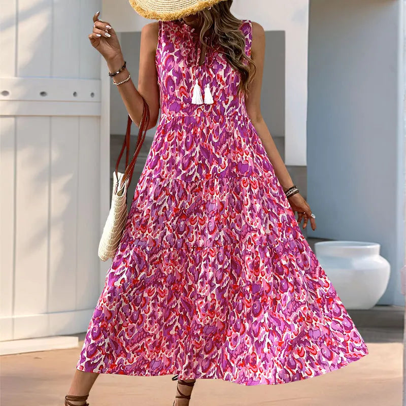 Minhee - Vestido Maxi Em Camadas Sem Mangas Com Estampado Abstrato