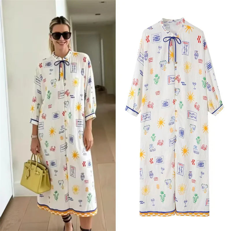 Maris - Vestido Longo Com Estampado E Mangas