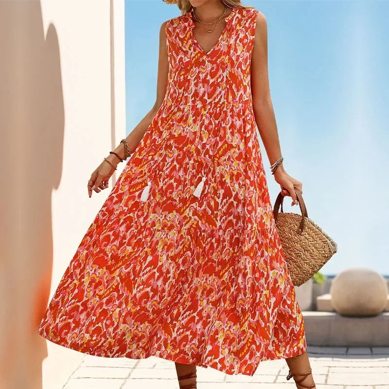Minhee - Vestido Maxi Em Camadas Sem Mangas Com Estampado Abstrato