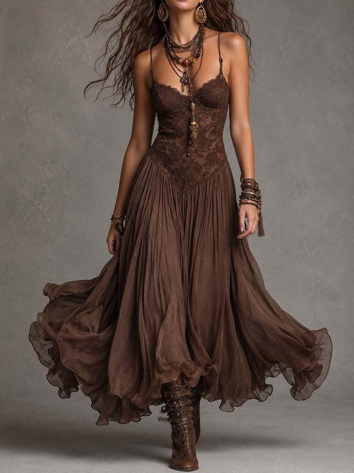 Serisha - Vestido Maxi Fluido com Corpete de Renda