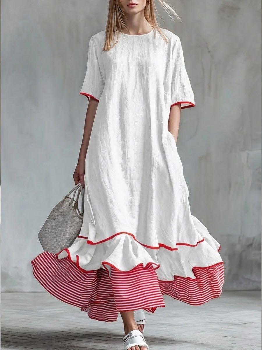 Behice - Vestido Longo Com Mangas Curtas E Folhos Às Riscas Vermelhas