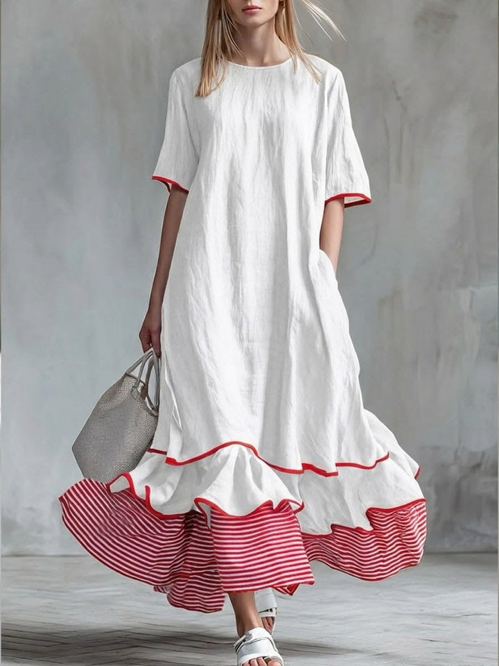 Behice - Vestido Longo Com Mangas Curtas E Folhos Às Riscas Vermelhas