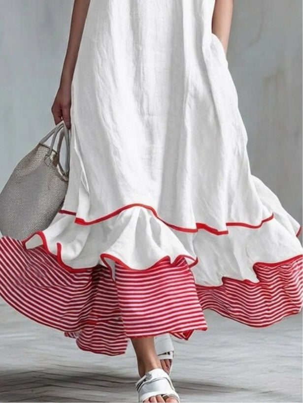 Behice - Vestido Longo Com Mangas Curtas E Folhos Às Riscas Vermelhas