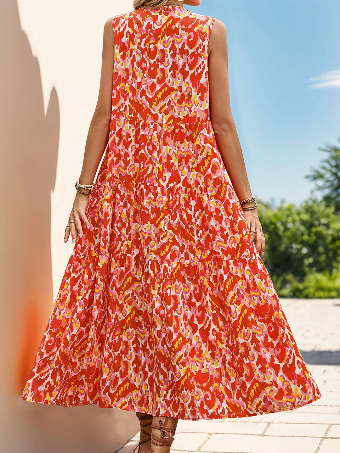 Minhee - Vestido Maxi Em Camadas Sem Mangas Com Estampado Abstrato