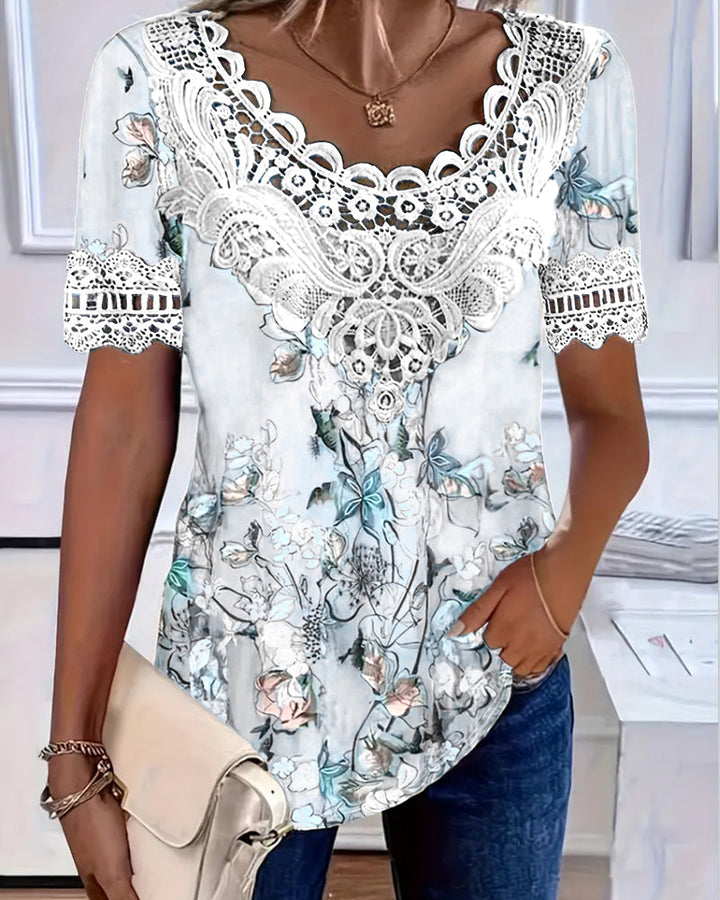 Emilyn - T-camisa de Manga Curta Com Estampado Floral na Moda