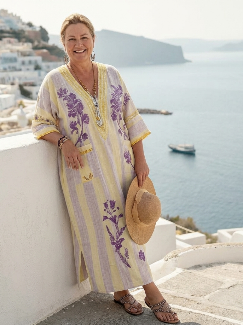 Feryana - Vestido Comprido Com Decote em V e Padrão Floral às Riscas