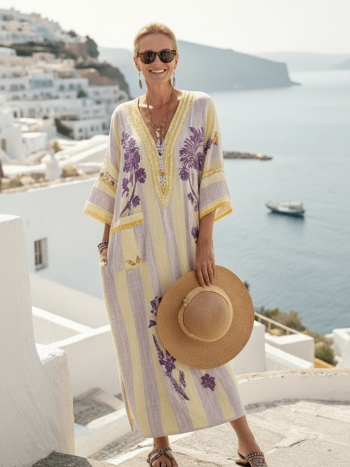 Feryana - Vestido Comprido Com Decote em V e Padrão Floral às Riscas