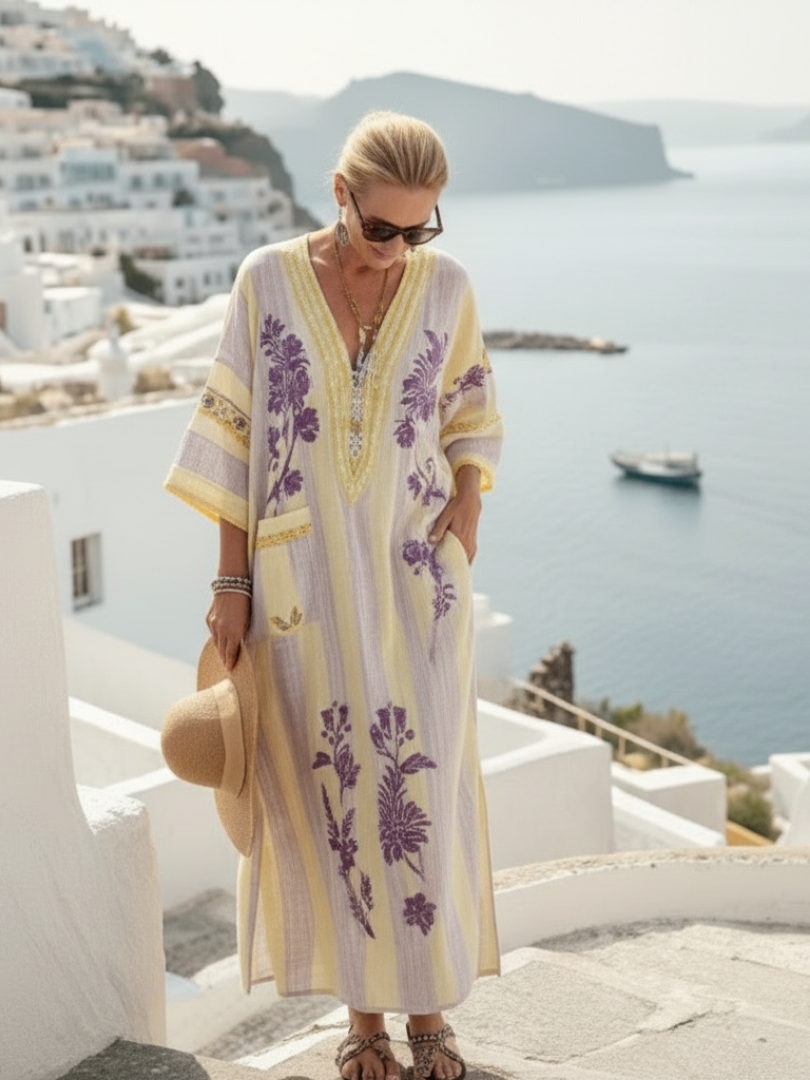 Feryana - Vestido Comprido Com Decote em V e Padrão Floral às Riscas