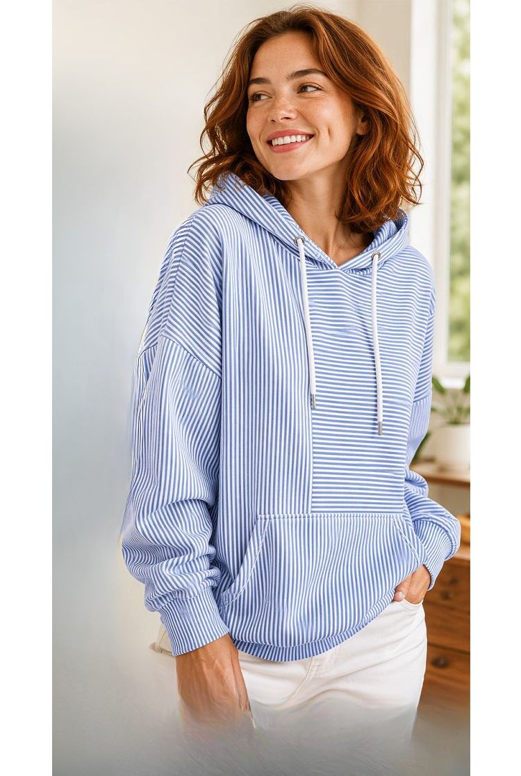 Gilberte - Camisola Com Capuz às Riscas Cordão e Bolso Canguru