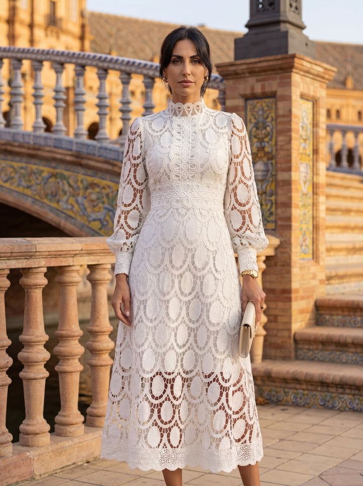 Maelle - Vestido Elegante De Manga Comprida Em Renda