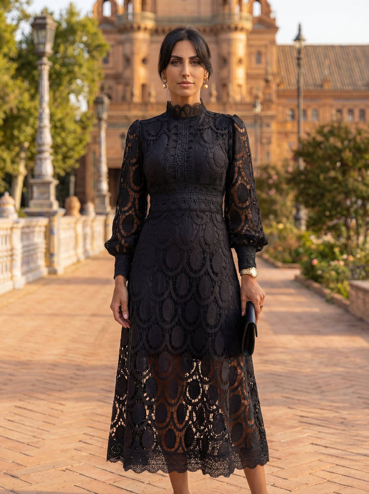 Maelle - Vestido Elegante De Manga Comprida Em Renda