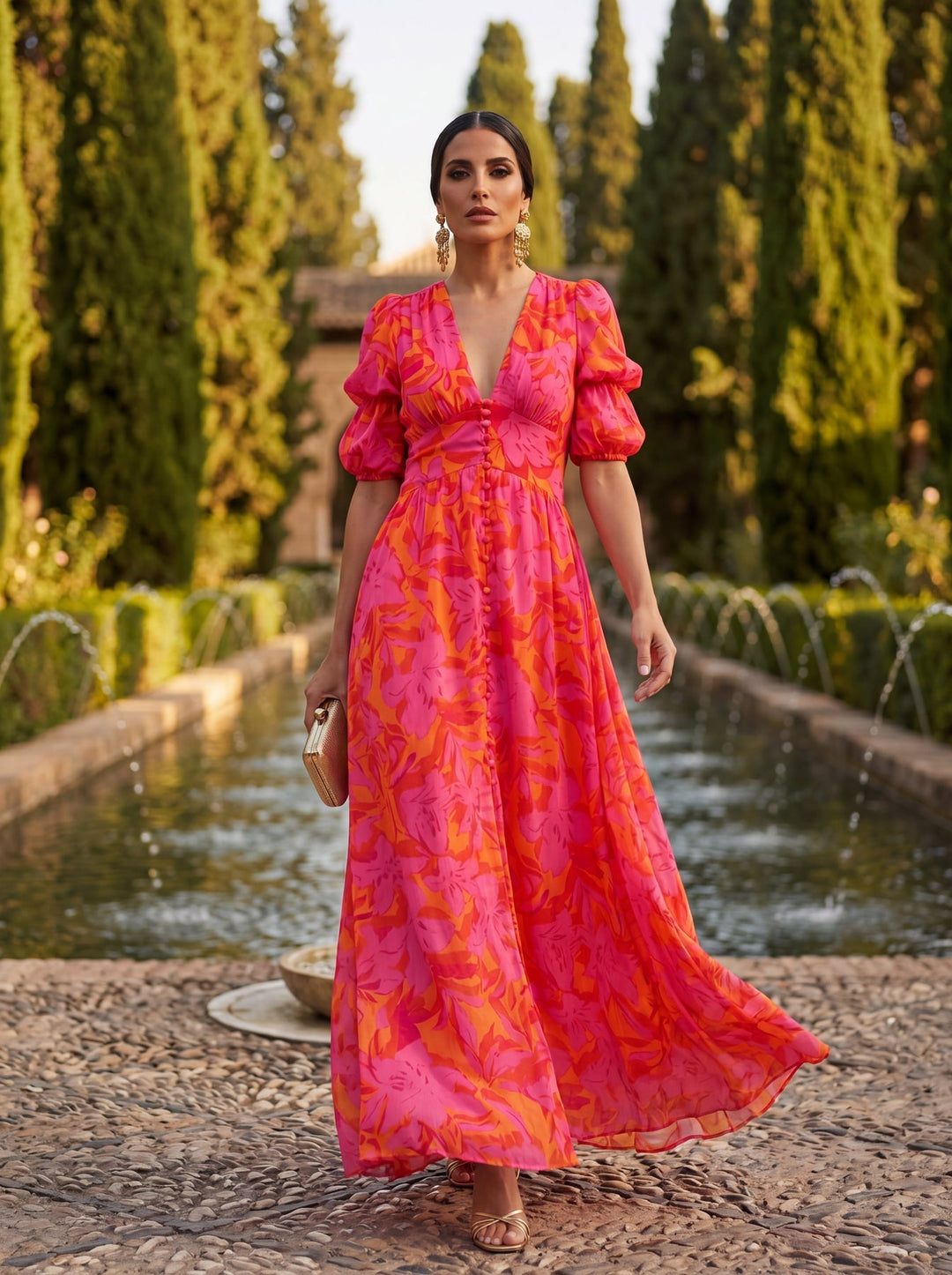 Zinnia - Vestido Maxi com Decote em V e Padrão Floral Vibrante