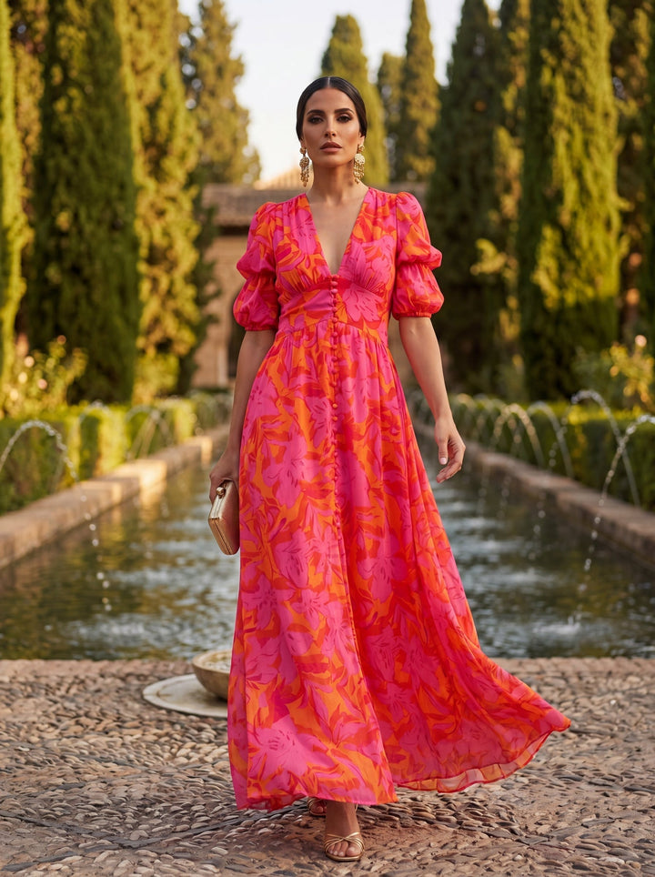 Zinnia - Vestido Maxi com Decote em V e Padrão Floral Vibrante