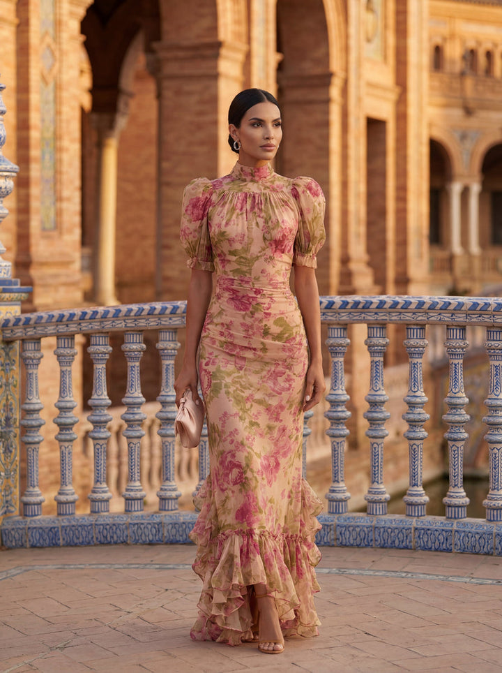Rimina - Vestido Floral Elegante Com Folhos
